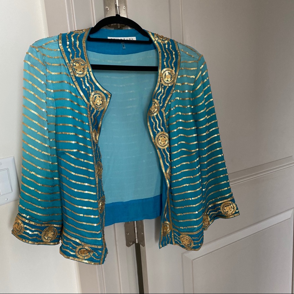 Turquoise silk jacket with gold sequins